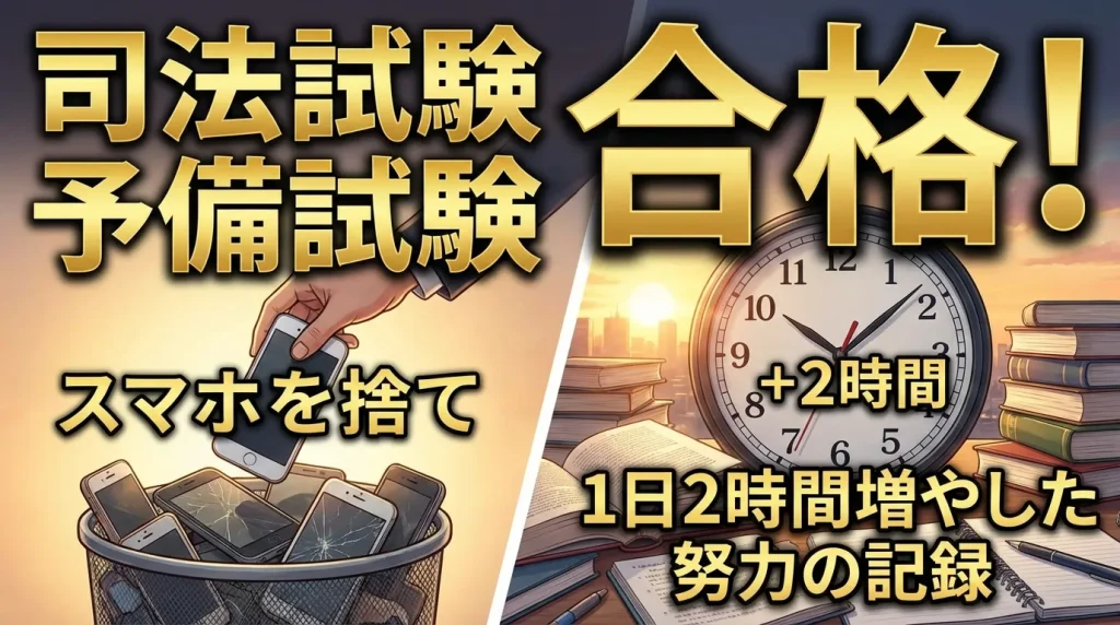 司法試験 予備試験 合格！スマホを捨てて1日2時間増やした努力の記録。スマホが山積みになったゴミ箱と、勉強時間が「+2時間」となった時計・本のイラスト。