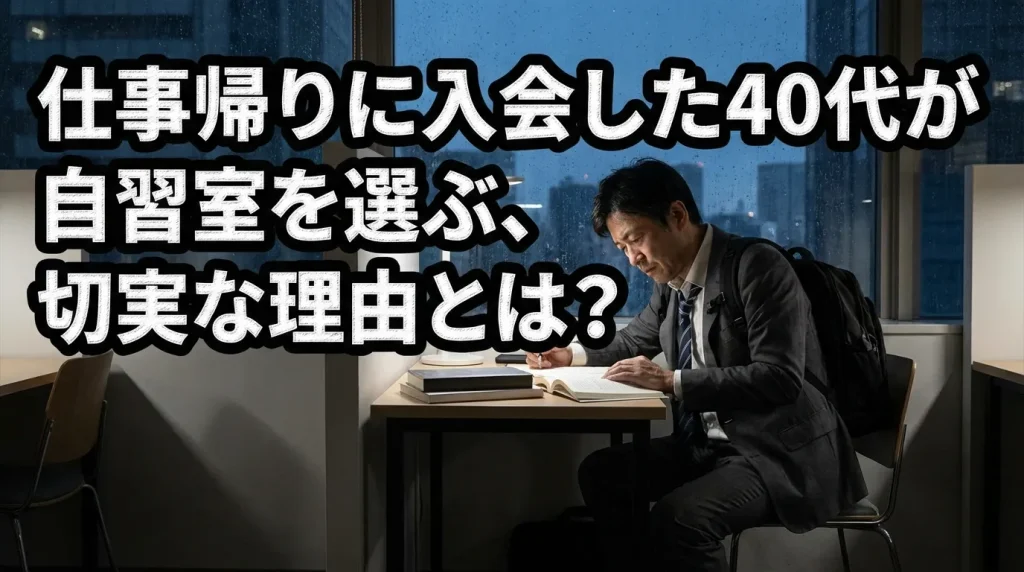 仕事帰りの40代社会人が自習室で勉強する様子。大人が自習室を選ぶ理由や仕事後の学習習慣を紹介する記事アイキャッチ画像