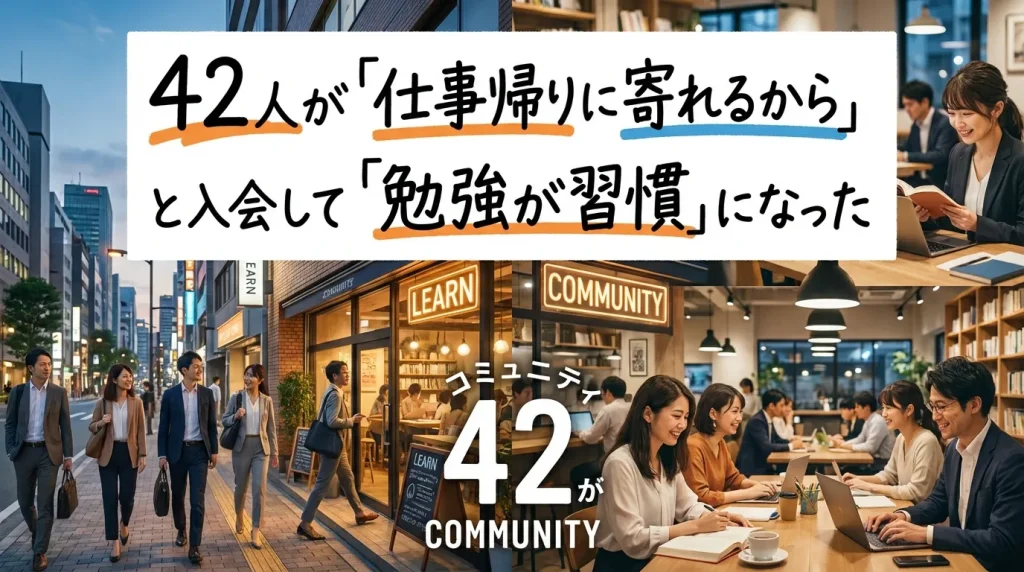 仕事帰りに寄れる自習室を利用する社会人の勉強習慣を紹介する画像。42人が通いやすさを理由に入会し、仕事帰りの学習習慣が定着した事例。