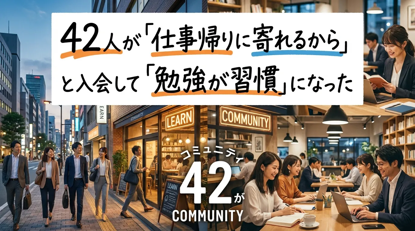 仕事帰りに寄れる自習室を利用する社会人の勉強習慣を紹介する画像。42人が通いやすさを理由に入会し、仕事帰りの学習習慣が定着した事例。