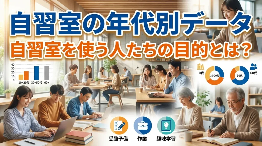自習室の年代別利用データを解説するイメージ｜10代・20代・30代・60代まで幅広い世代が自習室を使う目的（受験勉強・仕事・趣味学習）