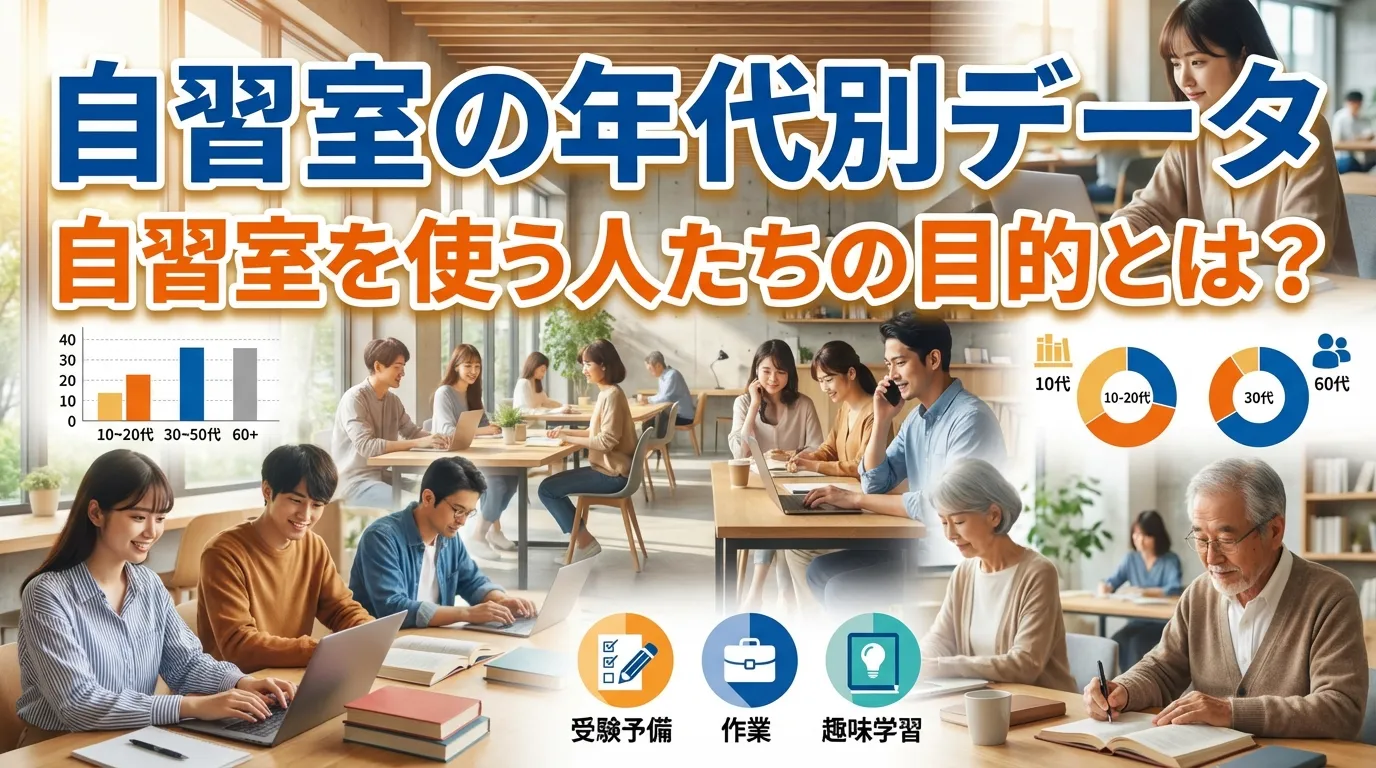 自習室の年代別利用データを解説するイメージ｜10代・20代・30代・60代まで幅広い世代が自習室を使う目的（受験勉強・仕事・趣味学習）