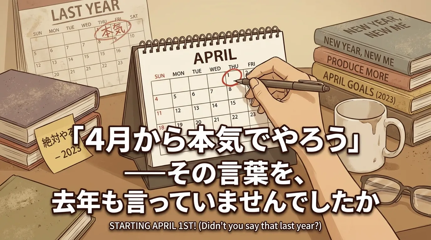 「4月から本気で勉強する」と決意する人をテーマにした画像。新年度に勉強を始めようとする社会人や受験生の学習計画を表現
