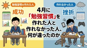 4月に勉強習慣を作れた人と作れなかった人の違いを比較したイラスト。左は継続して学習し成果を出す学生、右はスマホやゲームに気を取られ挫折する学生の対比シーン。