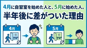 4月に自習室を始めた人と5月に始めた人の差を解説する画像。勉強開始のタイミングが半年後の成果に影響することを示す図
