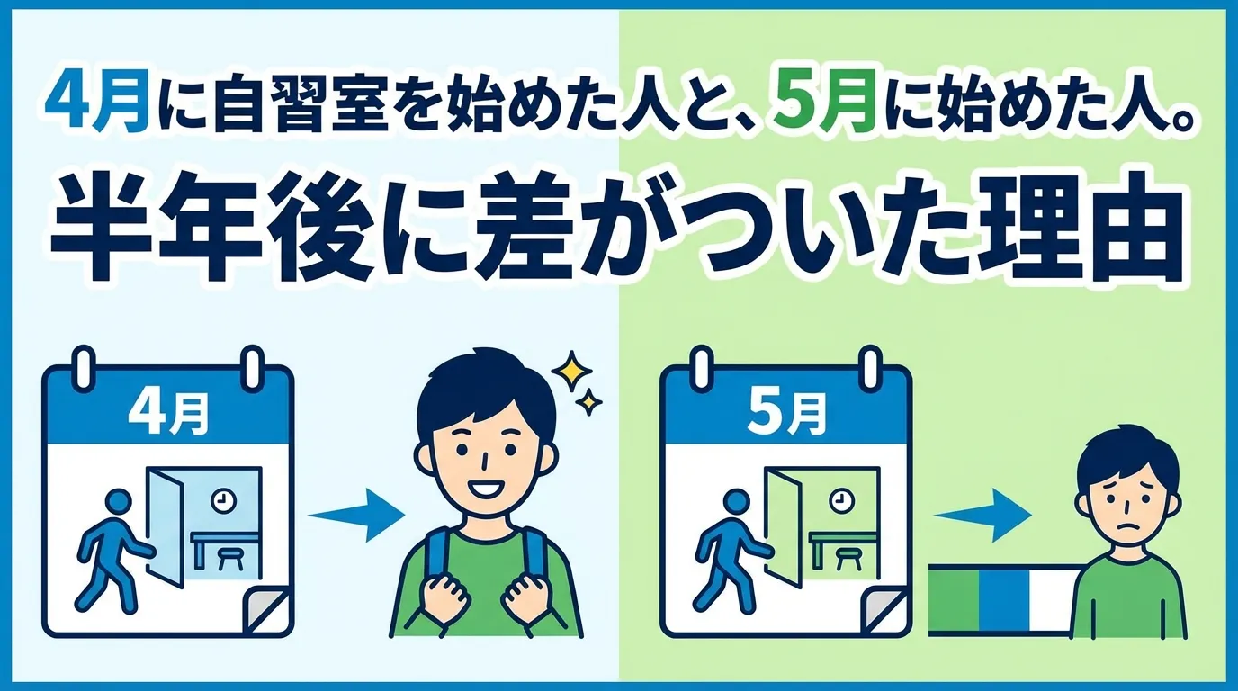 4月に自習室を始めた人と5月に始めた人の差を解説する画像。勉強開始のタイミングが半年後の成果に影響することを示す図