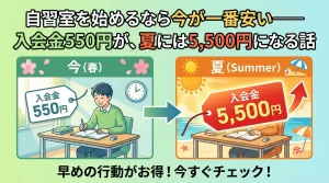 自習室の入会金キャンペーンを紹介する画像。春は入会金550円だが夏には5,500円になるため早めの入会がお得であることを解説