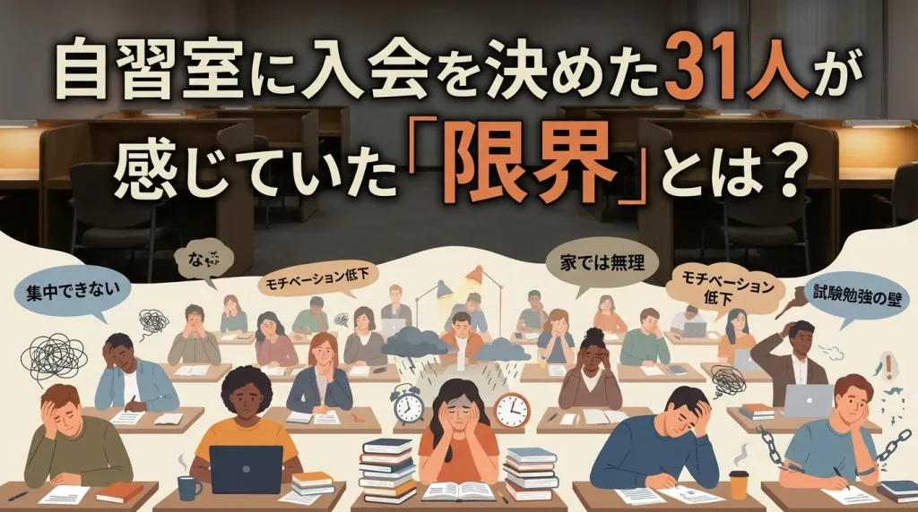 自習室への入会理由を探るバナー。「集中できない」「家では無理」「モチベーション低下」など、カフェや自宅での勉強に限界を感じている人々の様子を描いたイラスト。