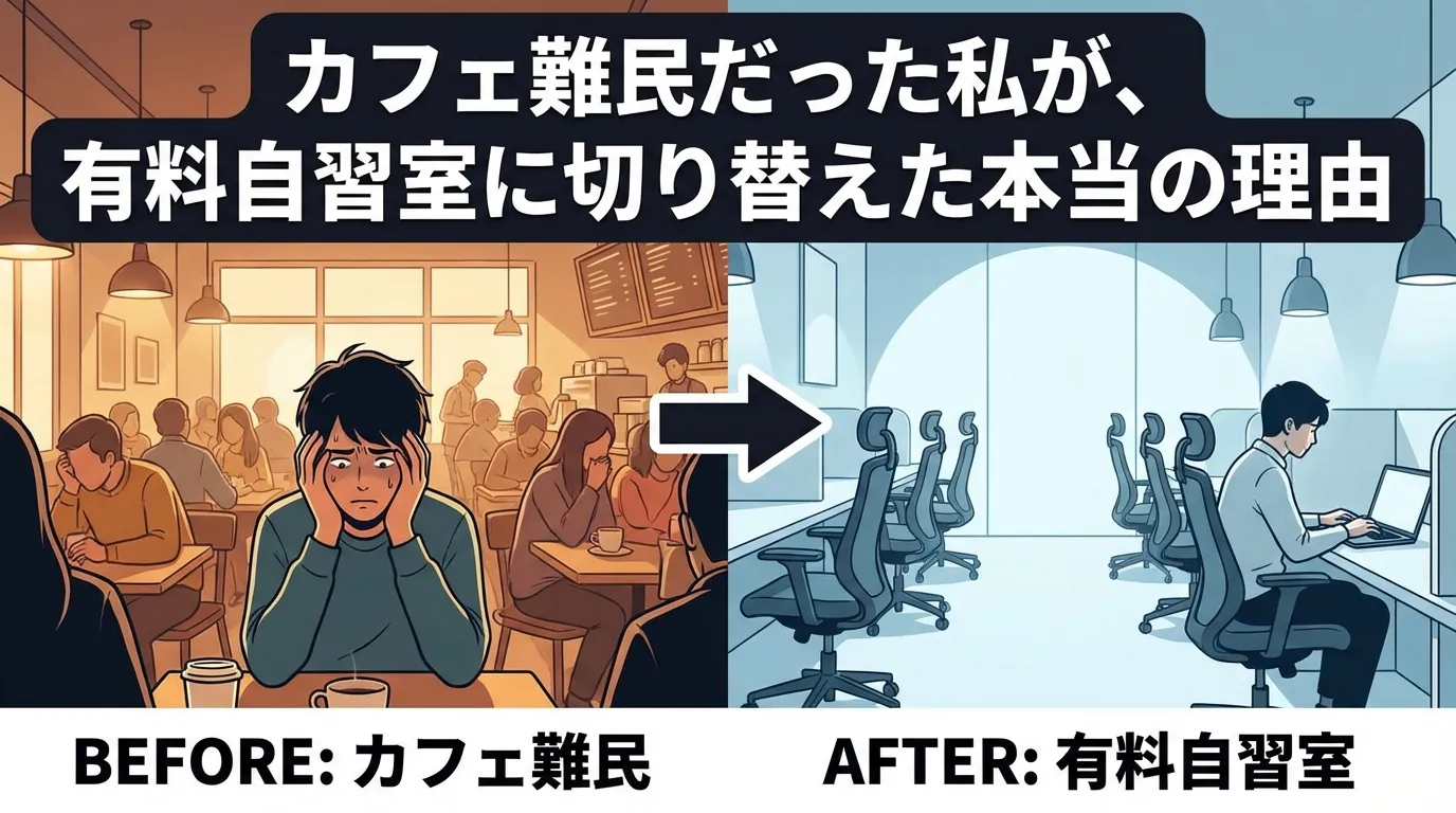 混雑したカフェで集中できず悩む男性と、静かな有料自習室で一人集中して作業する様子を対比したビフォーアフターのイラスト。環境の違いによる学習効率の変化を表現したシーン。