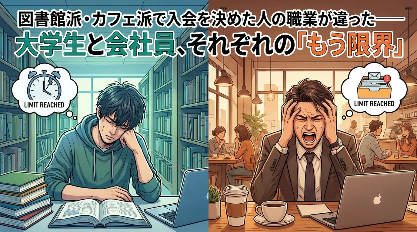 図書館で勉強する大学生とカフェで仕事をする会社員の比較画像。閉館時間や利用制限に悩む学生と、周囲の騒音や環境に限界を感じるビジネスマンが、自習室への入会を決める背景を表現したイラスト。