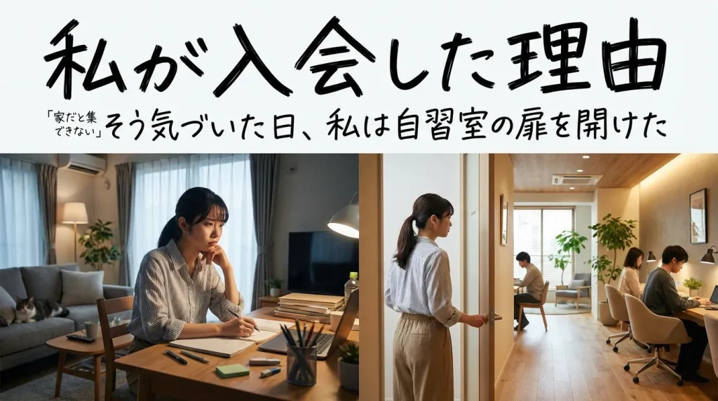 自習室・コワーキングスペースへの入会理由。家で勉強に集中できない悩みを持つ女性が、快適な共有ワークスペースを利用し始めるビジュアル。