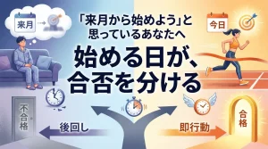 少し、正直に考えてみてください。 今の自分の勉強環境は、合格するのに十分ですか？ 「十分ではないかもしれない」と感じているから、この記事を読んでいるのだと思います。 「集中できない理由」を、あなたのせいにしないでください 家で勉強が進まないとき、多くの人は自分を責めます。「もっと意志を強く持たなければ」「こんなことでどうする」。でも考えてみてください。あなたの部屋には何がありますか。 ベッドがある。スマホがある。テレビがある。ゲームがある。冷蔵庫がある。好きな漫画がある。疲れたら横になれる場所がある。家族の声が聞こえる。 これだけの「休む理由」が揃っている場所で、長時間集中して勉強できる人間の方が、少数派です。KAKOIの入会・体験者878人のうち、200人（23%）が「家では集中できない」を最大の悩みとして挙げていました。意志が弱いのではなく、環境が勉強向きに設計されていないだけです。 「集中できる場所」にいるとき、人は別人になる あなたも経験があるかもしれません。試験前日、図書館や塾の自習室で、いつもより集中できた経験を。「なぜか今日は捗る」と感じた日を。それは偶然ではありません。周りに集中している人がいる。静かな空気がある。「ここに来たのは勉強するため」という明確な目的がある。その環境が、脳を自動的に切り替えます。 KAKOIに来た人たちは、口をそろえてこう言います。「席についた瞬間、集中モードに入れた」「帰り道に、こんなに集中したのは久しぶりだと思った」。これは特別な人だから起きることではなく、場所の力が人を動かした結果です。 同じ時間でも、場所が違えば結果が違う 仮に、家でダラダラ過ごす2時間と、KAKOIで集中する1時間を比べたとします。時間は家の方が長い。でも記憶に残る量、問題を解いた数、理解の深さ——全部、後者の方が上です。 「勉強時間が足りない」と感じているなら、時間を増やす前に、今ある時間の質を上げることを考えてください。場所を変えるだけで、質は変わります。 今始めることに、もう一つ意味がある 3〜5月、KAKOIは年間で最も空いている時期です。入会金は550円——夏には5,500円になります。空いている時期から始めることで、自分のペースで環境に慣れられる。混んでいる時期になってから「やっぱり始めよう」と動いても、受付が停止されていることがあります。 環境を変えようと思っている。その気持ちが今あるなら、今動く方がいい。気持ちは、時間が経つほど薄れていきます。