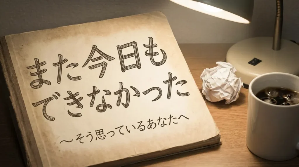 机の上のノートに「また今日もできなかった」と書かれ、丸めた紙やコーヒーが置かれた夜のデスク風景。勉強できなかった後悔や自己嫌悪を表現したシーン。