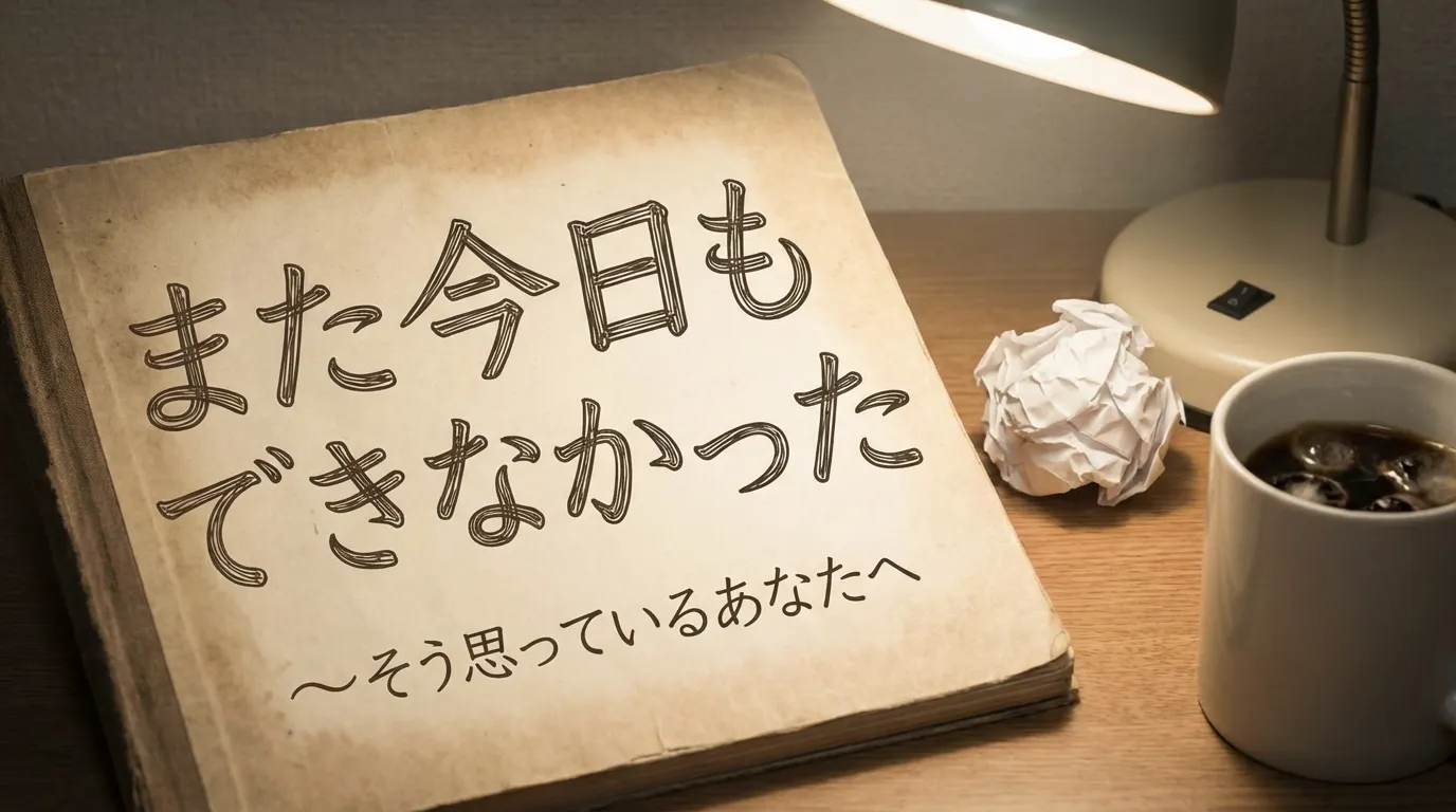 机の上のノートに「また今日もできなかった」と書かれ、丸めた紙やコーヒーが置かれた夜のデスク風景。勉強できなかった後悔や自己嫌悪を表現したシーン。