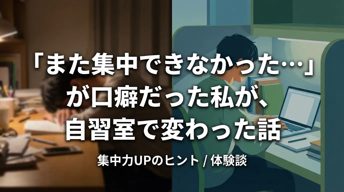 自習室での集中力アップ体験談。自宅で「集中できない」と悩んでいた男性が、環境を変えることで作業に没頭できるようになったビフォーアフターの比較画像。