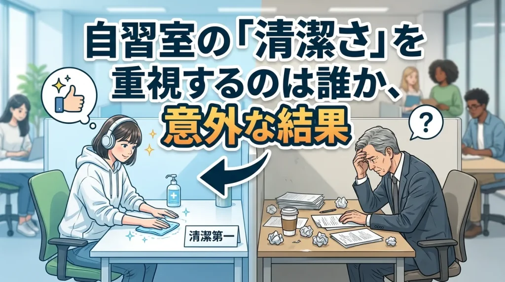 自習室の清潔さを重視する利用者層の調査結果を紹介する画像。清潔な学習環境が自習室選びで重要視される理由を解説