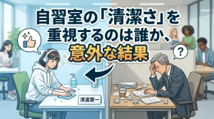 自習室の清潔さを重視する利用者層の調査結果を紹介する画像。清潔な学習環境が自習室選びで重要視される理由を解説