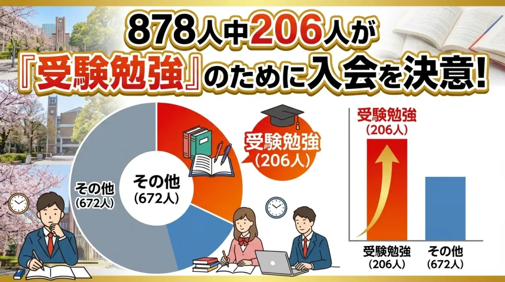 自習室利用者878人の入会理由データを示す図。206人が受験勉強目的で入会し、資格試験対策の利用が多いことを示すグラフ。