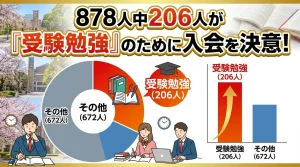 自習室利用者878人の入会理由データを示す図。206人が受験勉強目的で入会し、資格試験対策の利用が多いことを示すグラフ。