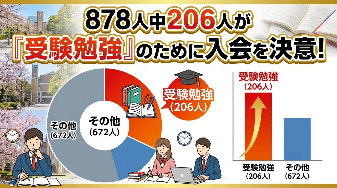 自習室利用者878人の入会理由データを示す図。206人が受験勉強目的で入会し、資格試験対策の利用が多いことを示すグラフ。