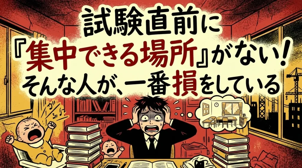 試験直前に集中できる場所がなく焦る人物と騒がしい環境を描き、学習環境の重要性と機会損失を強調したイラスト。