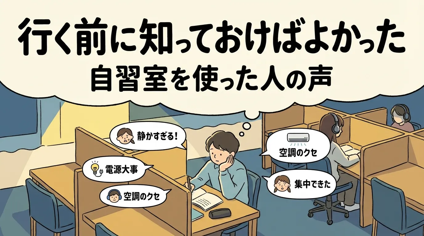自習室に行く前に知っておきたい利用者のリアルな声を紹介するイラスト｜静かすぎる環境・電源の重要性・空調の癖など自習室体験談