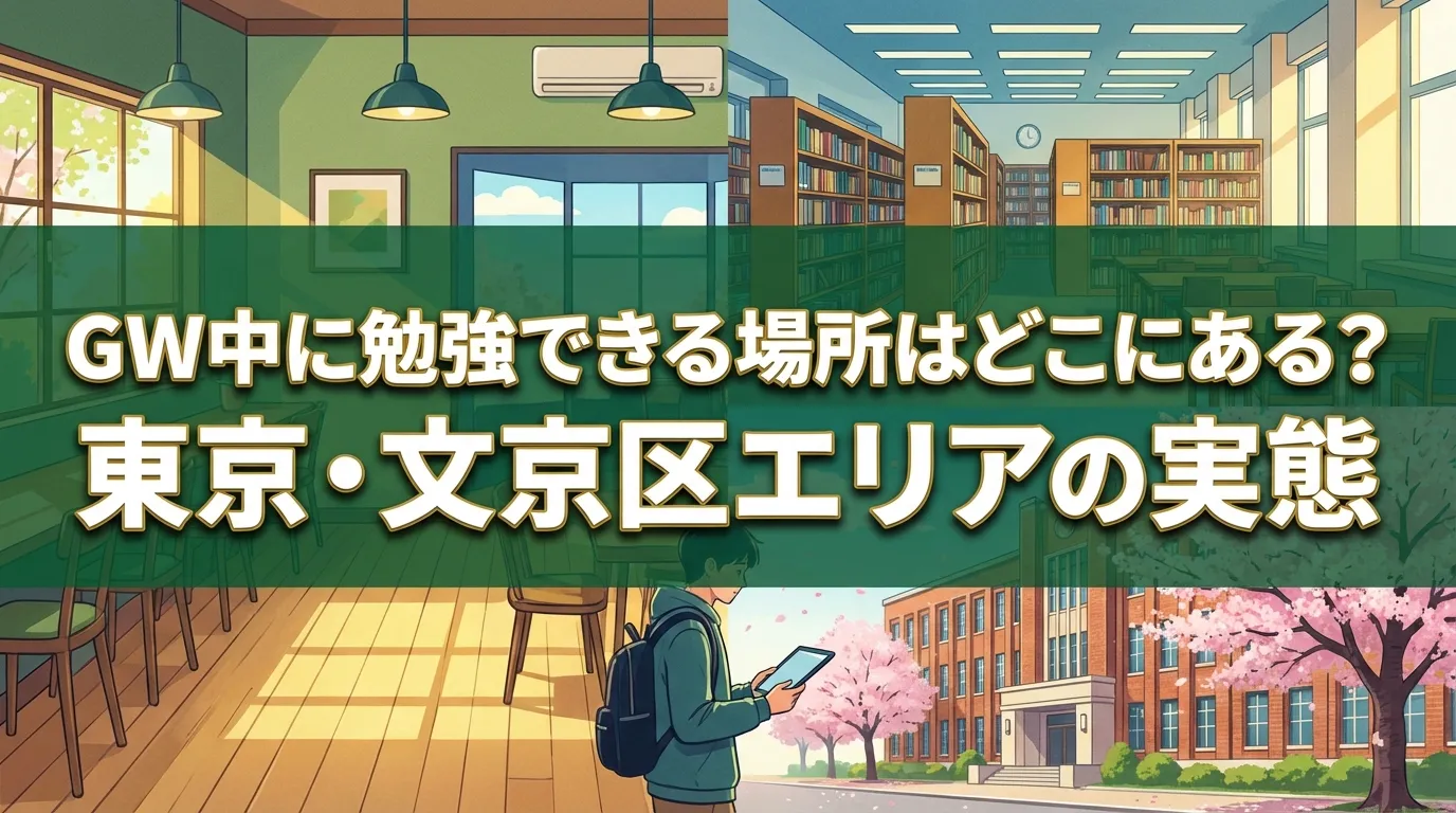 GW中に勉強できる場所として東京・文京区エリアの実態を紹介するイメージ。図書館や自習スペース、街中で学習する人物を描いたシーン。