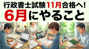 行政書士試験の11月合格に向けて6月に取り組むべき学習内容を示したイメージ。自宅やオンライン講義で計画的に勉強する様子を表現したシーン。