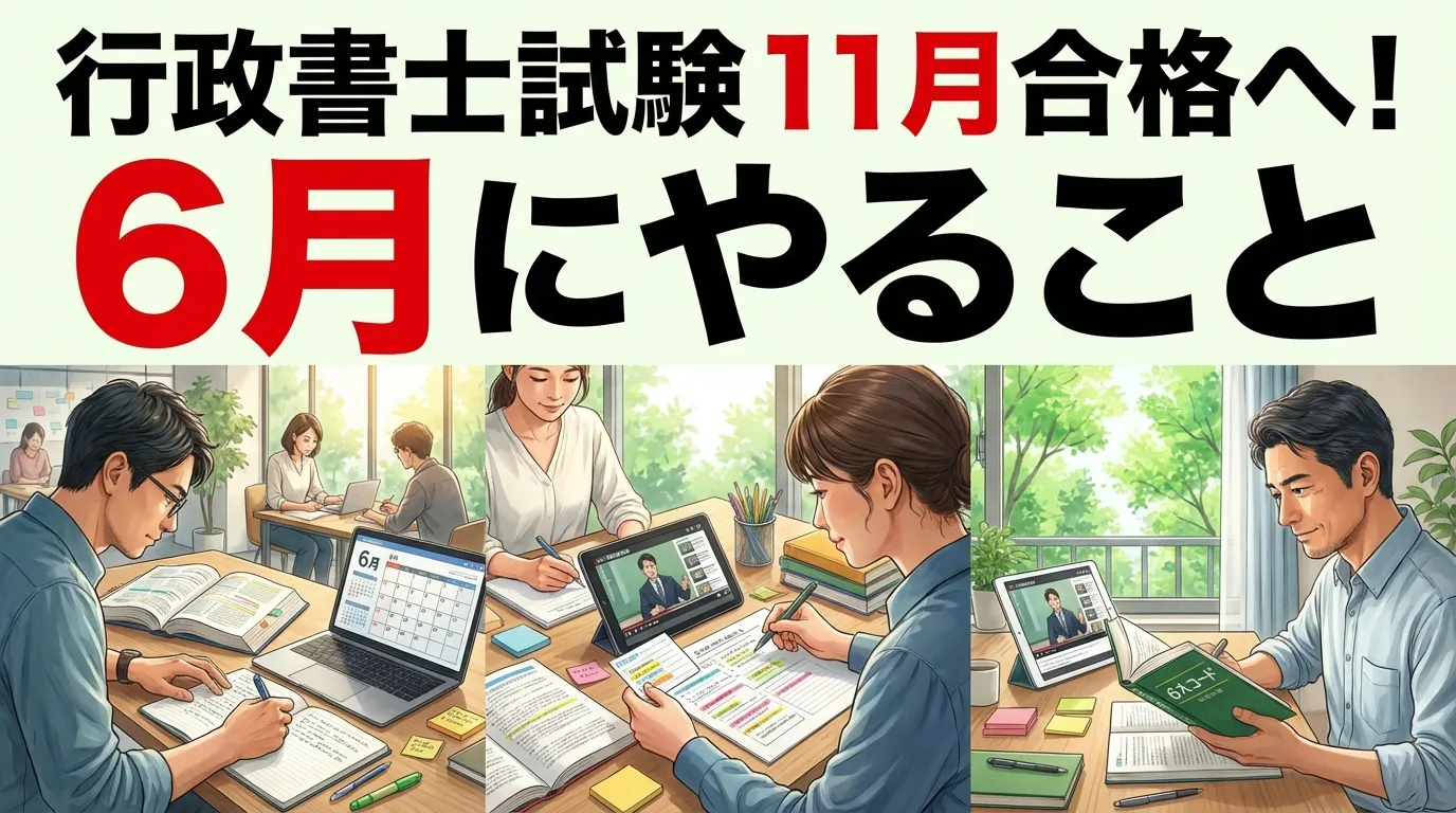 行政書士試験の11月合格に向けて6月に取り組むべき学習内容を示したイメージ。自宅やオンライン講義で計画的に勉強する様子を表現したシーン。