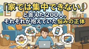 自宅では集中できないと感じる理由を解説するイラスト。生活音やスマホ、家事など家庭環境が勉強の妨げになる問題を紹介