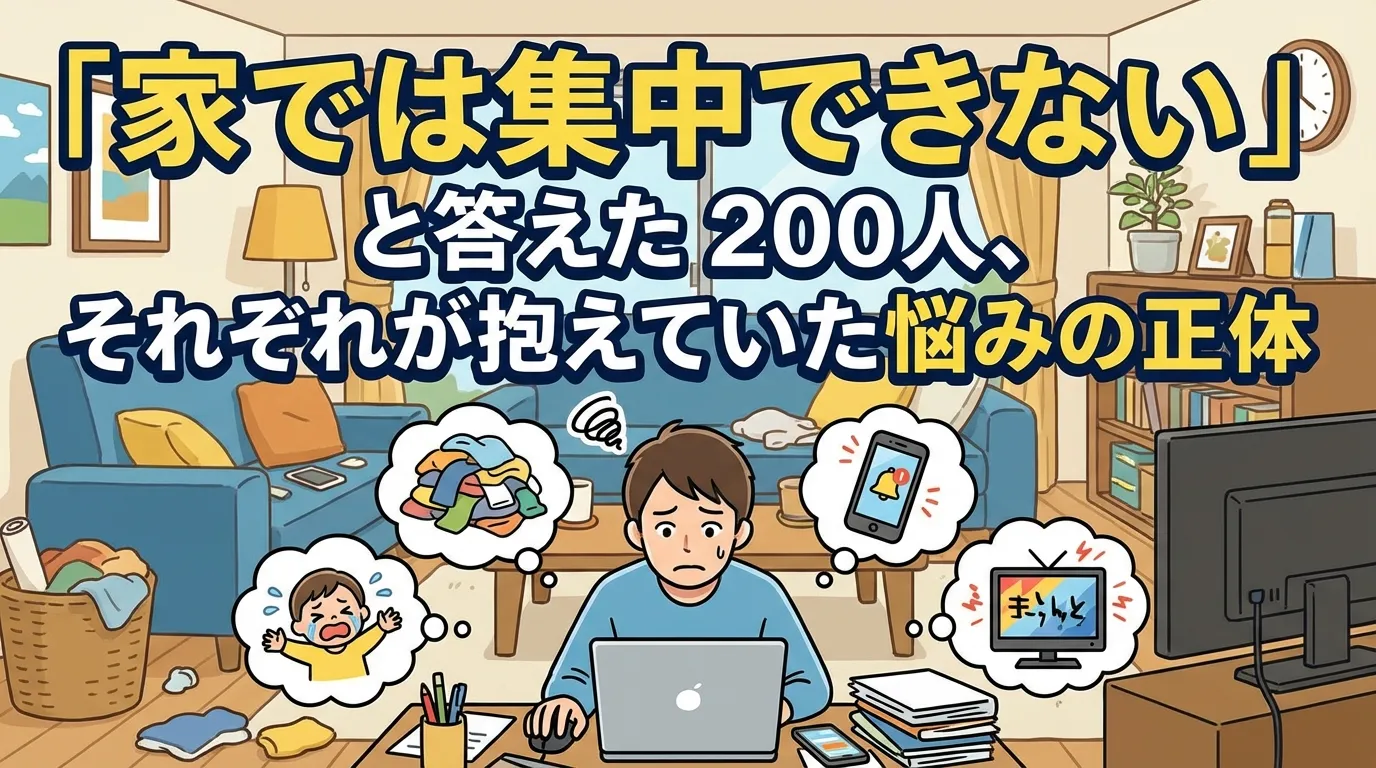 自宅では集中できないと感じる理由を解説するイラスト。生活音やスマホ、家事など家庭環境が勉強の妨げになる問題を紹介