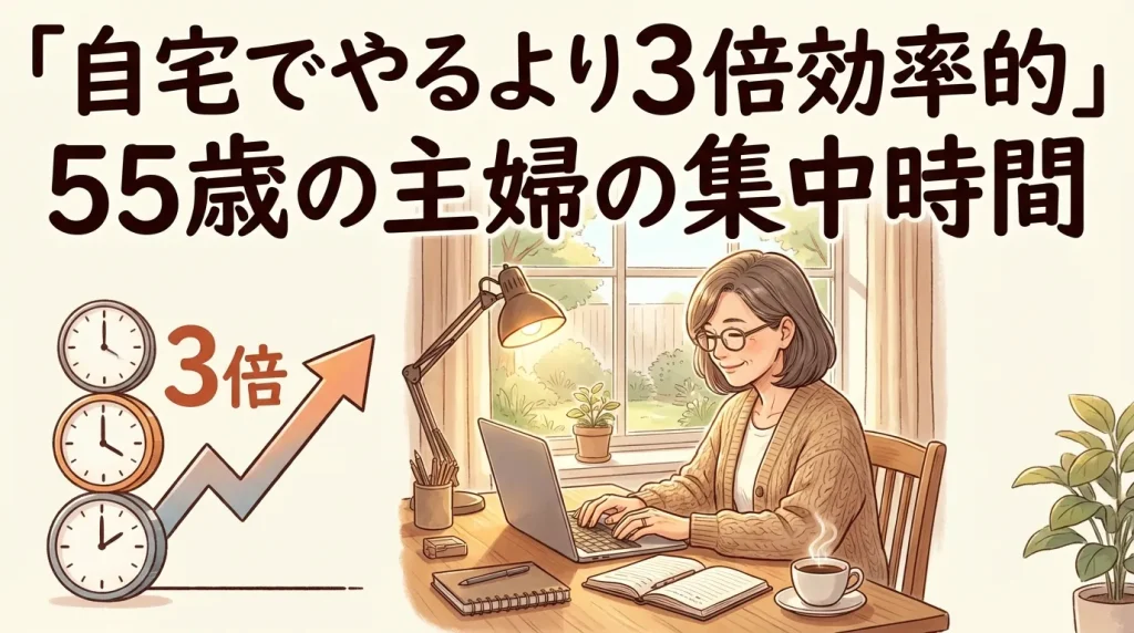 自宅より3倍効率的に勉強できた55歳主婦の体験談イメージ｜自習室利用で集中時間が伸びた学習環境の比較