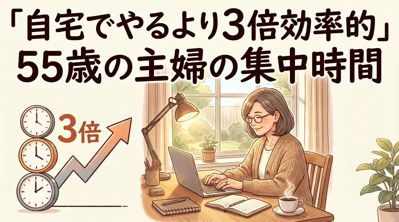自宅より3倍効率的に勉強できた55歳主婦の体験談イメージ｜自習室利用で集中時間が伸びた学習環境の比較