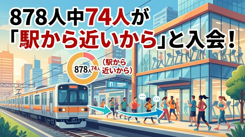 「駅に近いから」という理由で入会した人が878人中74人にのぼることを示すインフォグラフィック。駅のホームから目の前の施設（ジム・自習室）へスムーズに移動する人々のイラスト。