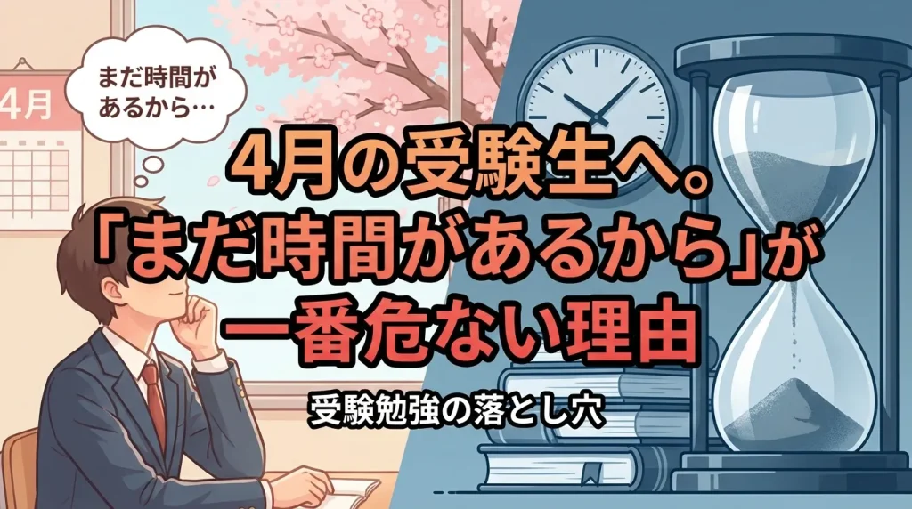 4月の受験生が「まだ時間がある」と油断する危険性をテーマに、桜やカレンダーとともに考え込む学生と砂時計で時間の経過を表現したイメージ。