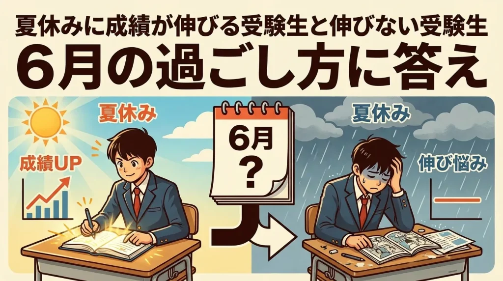 夏休みに成績が伸びる受験生と伸び悩む受験生を対比し、6月の過ごし方が結果を左右することを表現したイラスト。
