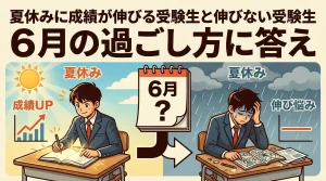 夏休みに成績が伸びる受験生と伸び悩む受験生を対比し、6月の過ごし方が結果を左右することを表現したイラスト。