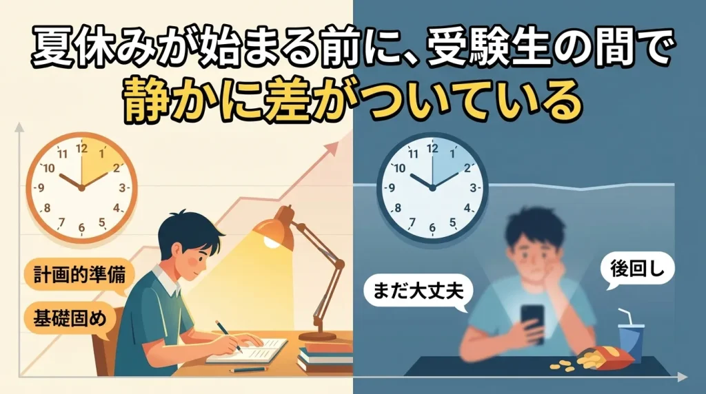 夏休み前に受験生の間で差がつく様子を対比したイラスト。計画的に勉強する学生と後回しにしてしまう学生の違いを表現したシーン。