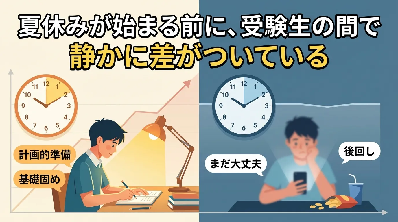 夏休み前に受験生の間で差がつく様子を対比したイラスト。計画的に勉強する学生と後回しにしてしまう学生の違いを表現したシーン。