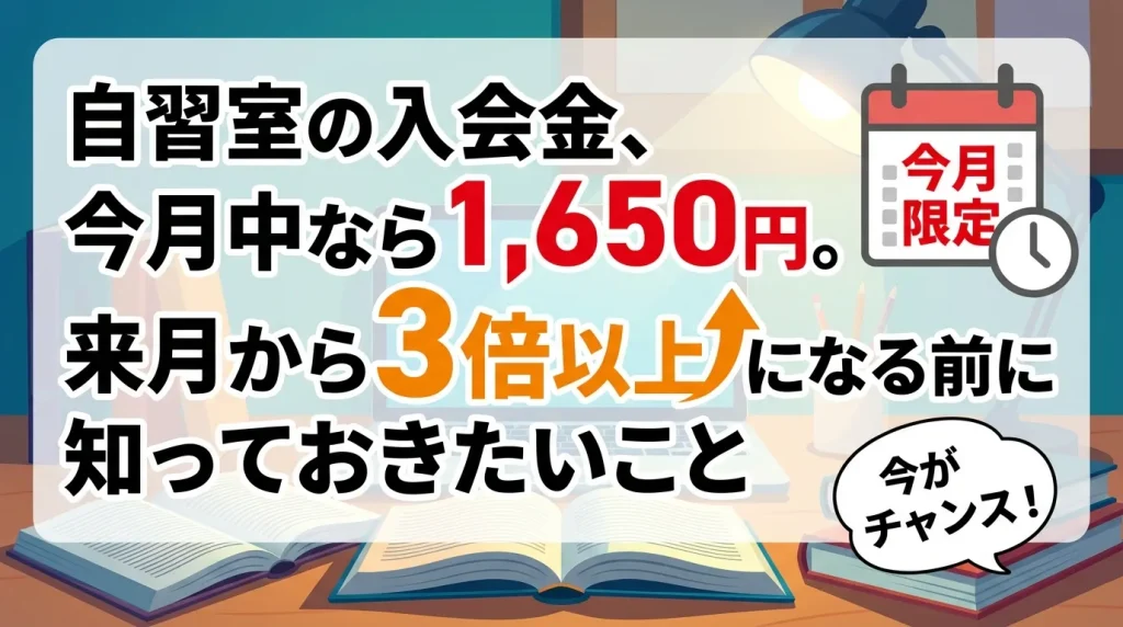 自習室の入会金が今月は割安で来月以降に値上げされることを訴求し、今が入会のチャンスであることを強調したイメージ。