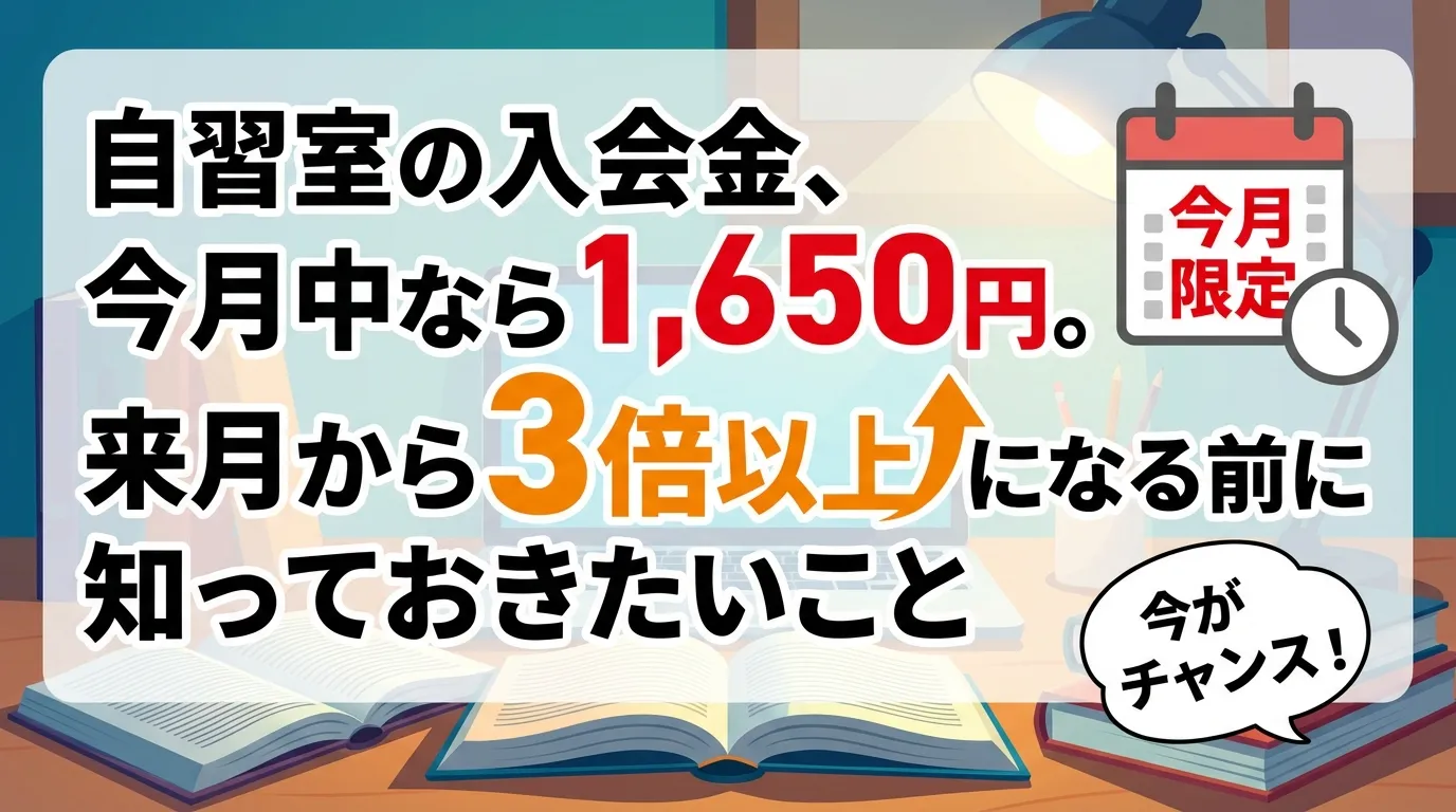 自習室の入会金が今月は割安で来月以降に値上げされることを訴求し、今が入会のチャンスであることを強調したイメージ。