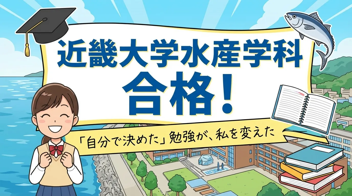 近畿大学水産学科の合格通知バナー。「自分で決めた」勉強が私を変えたというキャッチコピーとガッツポーズをする女子生徒のイラスト。