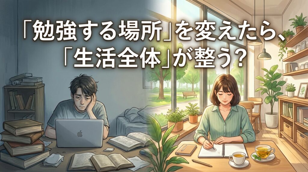 勉強する場所を変えることで生活全体が整う効果を表現した比較イラスト。散らかった暗い部屋で悩む姿と、明るく開放的な自習室・カフェ環境で穏やかに勉強する姿の対比。