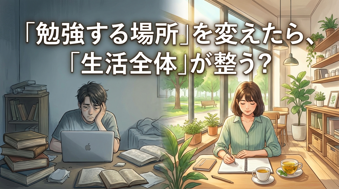 勉強する場所を変えることで生活全体が整う効果を表現した比較イラスト。散らかった暗い部屋で悩む姿と、明るく開放的な自習室・カフェ環境で穏やかに勉強する姿の対比。