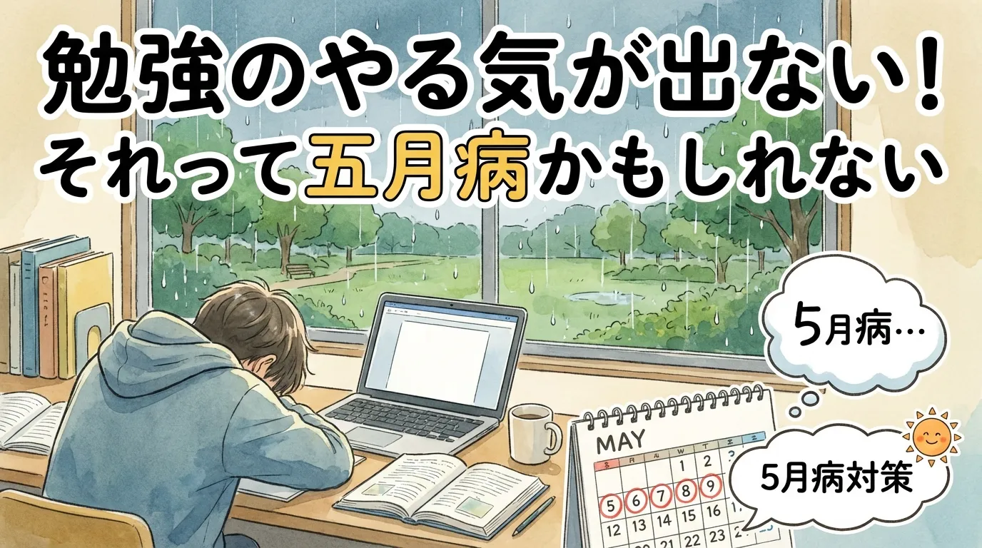 雨の日の部屋で机に伏してやる気を失う学生と「勉強のやる気が出ない＝五月病かも」と示唆するイラスト。季節の影響によるモチベーション低下と対策を表現したシーン。