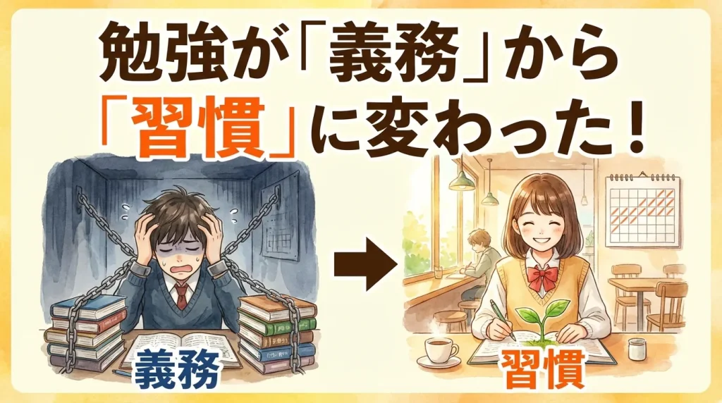 勉強が義務から習慣に変わる変化を描いたイラスト。鎖に縛られ苦しむ「義務」のイメージから、明るいカフェで笑顔で勉強する「習慣」のイメージへの対比。