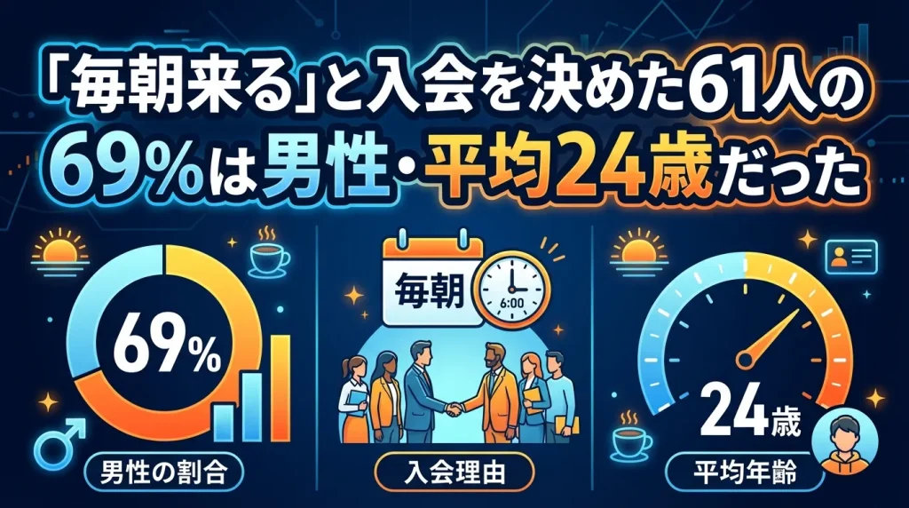 朝活を目的とした自習室入会者のデータ図解。「毎朝来る」と決めた人の69%が男性、平均年齢が24歳であることを示すインフォグラフィック。朝6時のルーティンを象徴する時計や、男性の割合を示す円グラフのイラスト。