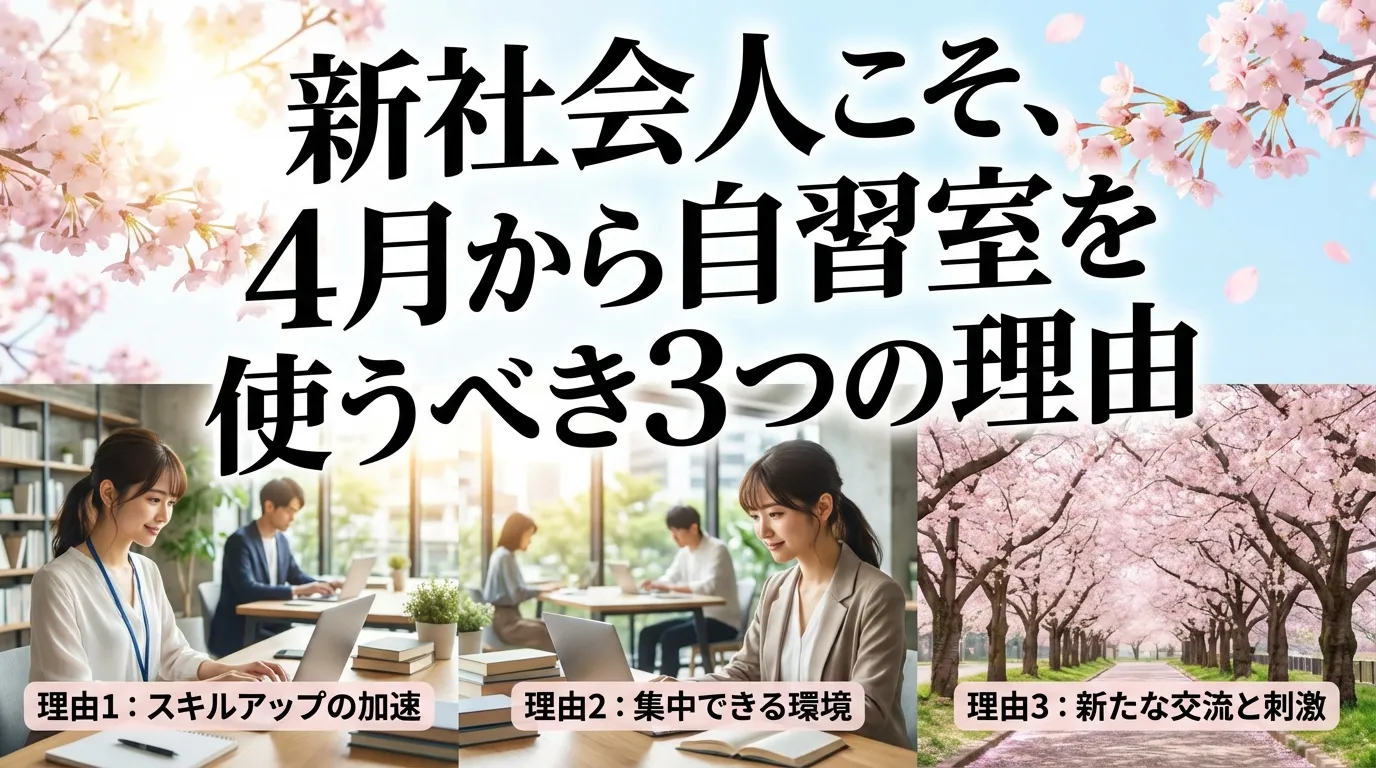 桜の季節を背景に新社会人が自習室で集中して学習する様子と、4月から自習室を使うべき理由（スキルアップ・集中環境・交流）を訴求したイメージ画像。