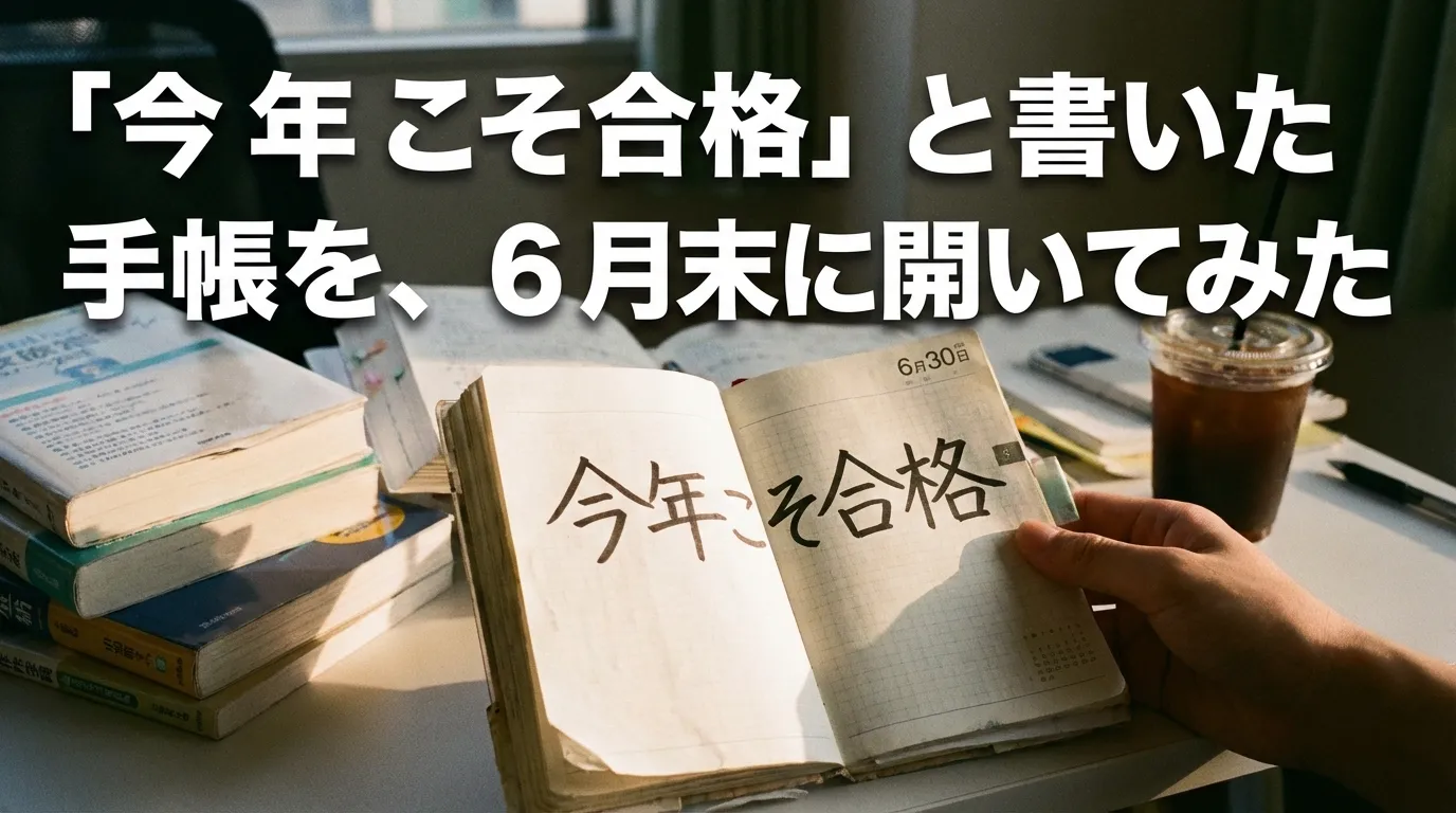 「今年こそ合格」と書いた手帳を6月末に見返す様子を描き、目標と現状のギャップや振り返りの重要性を表現したシーン。