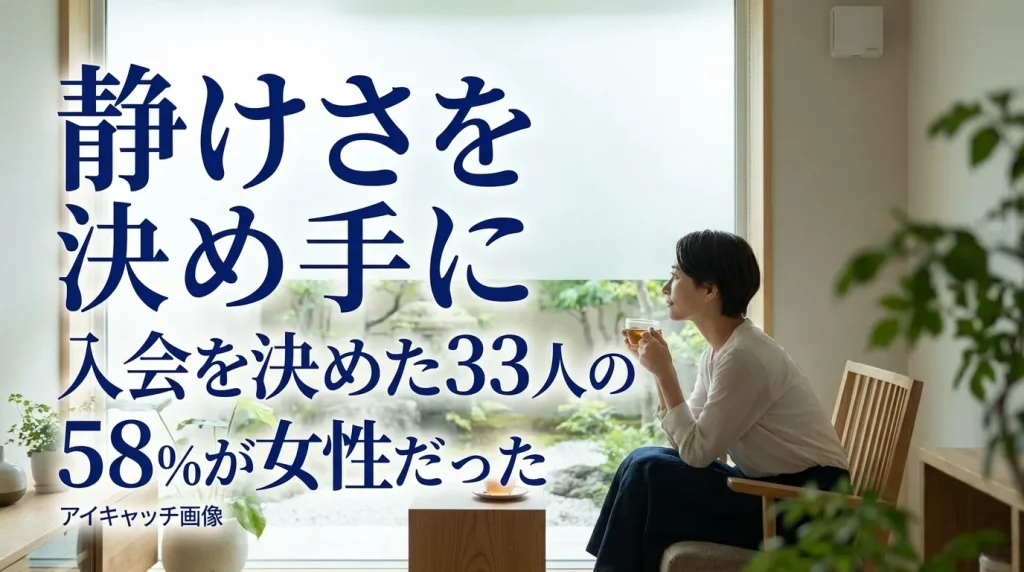 「静けさ」を入会の決め手とした33人中58%が女性であることを示すアイキャッチ画像。明るい光が差し込む静かな空間で、お茶を飲みながらリラックスする女性のビジュアル。